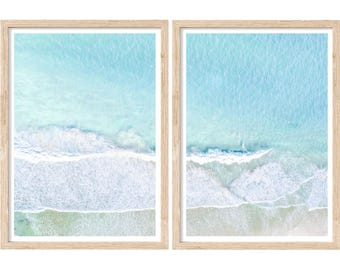 Aerial Beach Prints Set of 2, Large Ocean Photography Prints, Colorful Coastal Wall Art (Unframed)