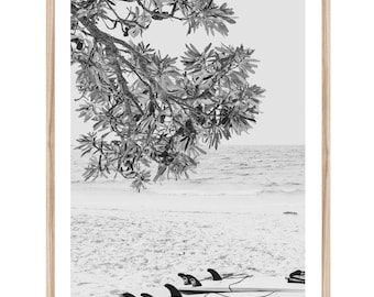 Black and White Surf Photography Print, Coastal Beach Wall Art, Surfboard Poster (Unframed)