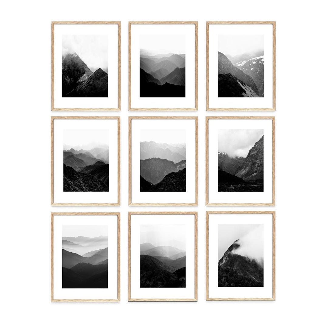 Mountain Wall Art Set of 9 | Black and White Nature Landscape ...
