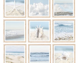 Coastal Wall Art, Set of 9 Prints, Beach Wall Art Prints, Beach Photography Prints, Coastal Prints, Seashell Wall Art, UNFRAMED Art Set