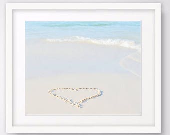 Heart in sand photography, ocean print, beach wall art, romantic art, nautical decor, seascape photo prints