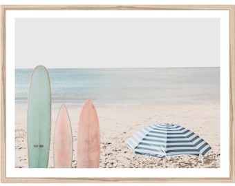 Coastal Beach Wall Art, Surfboards and Umbrella Art Print (Unframed)