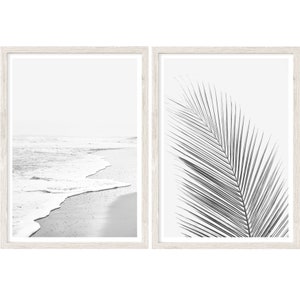 Beach Wall Art, Set of 2 Prints, Large Wall Art Prints, Beach Photography Prints, Black and White Wall Art, Palm Print, Unframed Print Set