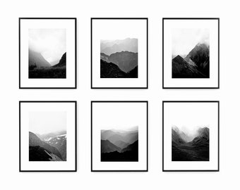 Mountain Wall Art, Set of 6 Prints, Landscape Photography Prints, Black and White Wall Art Prints, Nature Art