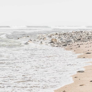 May include: A white sandy beach with foamy waves crashing on the shore. The water is a light blue and the sky is a pale white. The beach is lined with white rocks and the sand is a light brown.