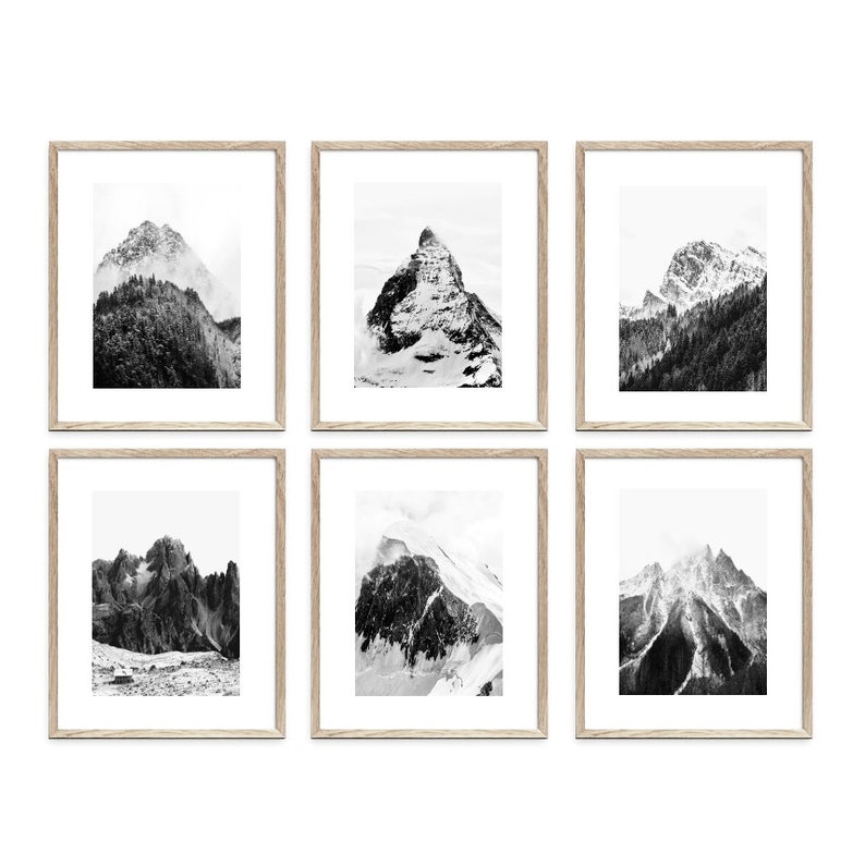 Mountain Wall Art, Set of 6 Prints, Mountain Photography Prints, Black and White Wall Art Prints, Nature Art, Landscape Posters image 1