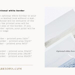 May include: A white background with text that reads 'Optional white border' and 'No border.' The text describes how to add a white border to a print and how the border will affect the printed area. The text also includes two examples of print sizes with different border options. The text reads 'Example 1' and 'Example 2.' The text also includes the website address 'ARRTOPIA.COM.'