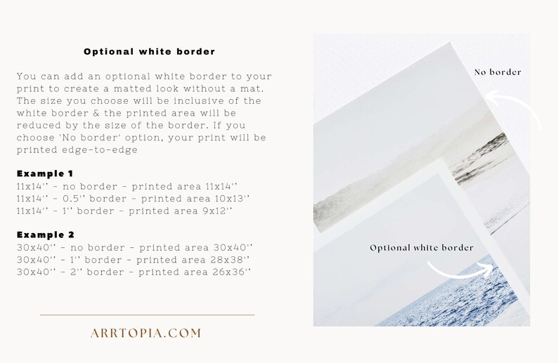 May include: A white background with text that reads 'Optional white border' and 'No border.' The text describes how to add a white border to a print and how the border will affect the printed area. The text also includes two examples of print sizes with different border options. The text reads 'Example 1' and 'Example 2.' The text also includes the website address 'ARRTOPIA.COM.'