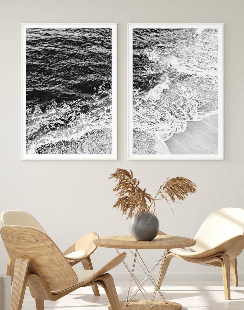 Aerial Beach Prints, Set of 2, Coastal Wall Art, Large Wall Art, Black