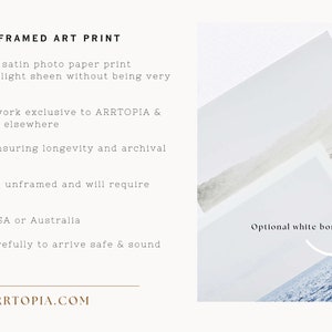 May include: Unframed art print featuring a landscape scene with a blue and white color scheme. The print is available with or without a white border. The text on the image reads 'ARRTOPIA.COM', 'UNFRAMED ART PRINT', 'Optional white border', and 'No border'.