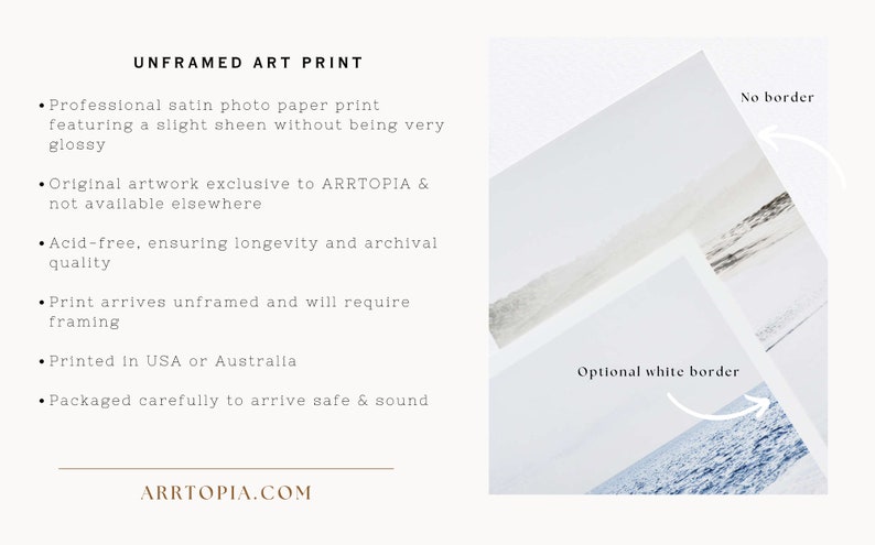 May include: Unframed art print featuring a landscape scene with a blue and white color scheme. The print is available with or without a white border. The text on the image reads 'ARRTOPIA.COM', 'UNFRAMED ART PRINT', 'Optional white border', and 'No border'.