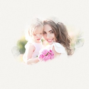 May include: A watercolor painting of a mother and daughter smiling at the camera. The mother is holding a bouquet of pink flowers and the daughter is holding onto her mother's arm.