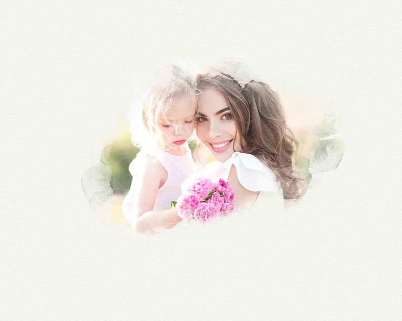 May include: A watercolor painting of a mother and daughter smiling at the camera. The mother is holding a bouquet of pink flowers and the daughter is holding onto her mother's arm.