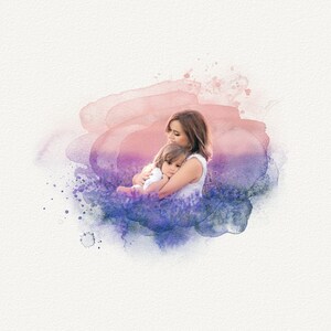 May include: A watercolor painting of a mother and daughter embracing in a field of purple flowers. The image is soft and dreamy, with a pink and purple color scheme.
