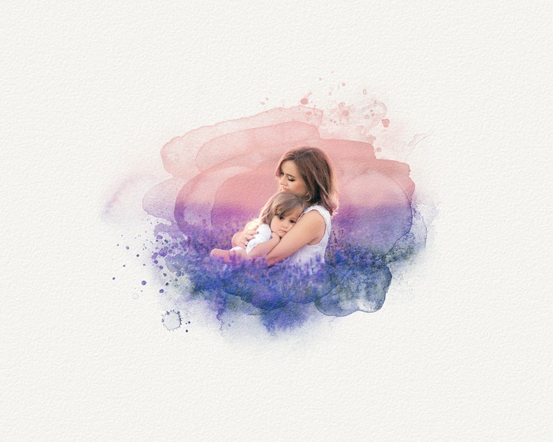 May include: A watercolor painting of a mother and daughter embracing in a field of purple flowers. The image is soft and dreamy, with a pink and purple color scheme.