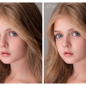 May include: A side-by-side comparison of a young girl's face before and after a photo editing process. The image on the left shows the original photo, while the image on the right shows the edited photo with smoother skin and brighter eyes.