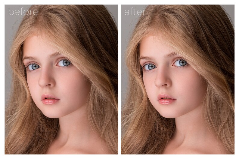 May include: A side-by-side comparison of a young girl's face before and after a photo editing process. The image on the left shows the original photo, while the image on the right shows the edited photo with smoother skin and brighter eyes.
