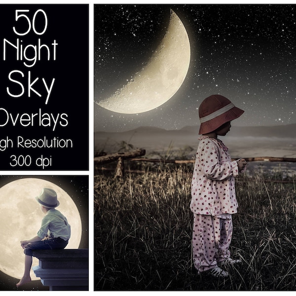 50 Nacht Himmel Overlays - Sternenhimmel Texturen - Mond-Overlays - Digital-Hintergrund - Fotografie-Overlay - Sterne - Milchstraße - magische Nacht