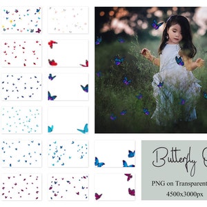 May include: A set of 20 digital butterfly overlays for photos. The overlays are in various colors, including blue, purple, red, and white. The butterflies are on a transparent background and are 4500x3000 pixels, 300 dpi.