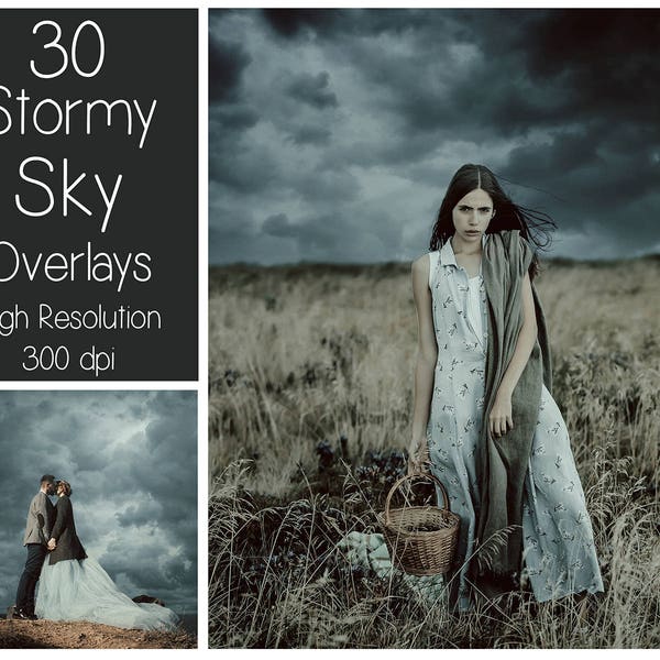 30 Stormy Sky Overlays - Cloudy Sky Textures - Rain - Photoshop Overlays - Overcast - Digital Background - Photography Overlay - Backdrop