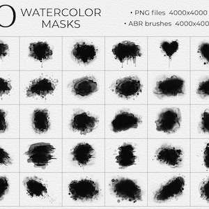 May include: Thirty black and white watercolor masks in a grid pattern. The masks are various shapes and sizes, including circles, ovals, and hearts. The masks are on a white background.