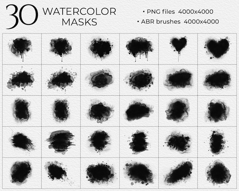 May include: Thirty black and white watercolor masks in a grid pattern. The masks are various shapes and sizes, including circles, ovals, and hearts. The masks are on a white background.