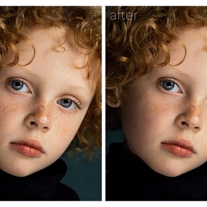 May include: A close-up portrait of a child with curly red hair, blue eyes, and freckles. The child is wearing a black turtleneck sweater and looking directly at the camera.