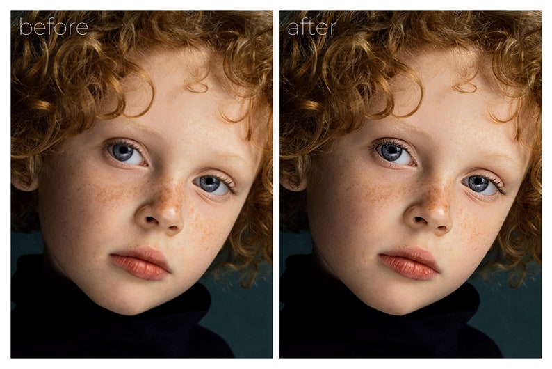 May include: A close-up portrait of a child with curly red hair, blue eyes, and freckles. The child is wearing a black turtleneck sweater and looking directly at the camera.