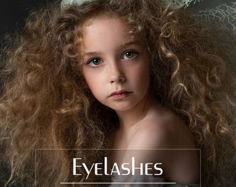 May include: A young girl with long curly brown hair wears a light green lace hat. The text "Eyelashes Photoshop Overlays" is on a white rectangle.