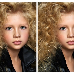May include: A before and after photo of a young girl with long, curly blonde hair. The photo on the left shows the girl's natural hair, while the photo on the right shows her hair after it has been styled.