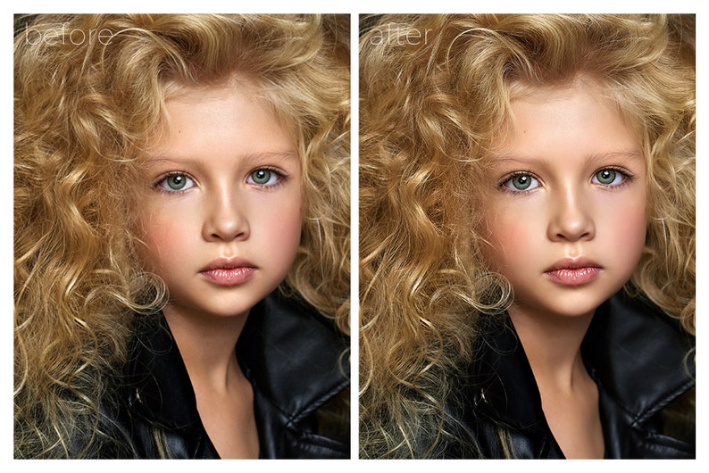 May include: A before and after photo of a young girl with long, curly blonde hair. The photo on the left shows the girl's natural hair, while the photo on the right shows her hair after it has been styled.