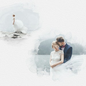 May include: A watercolor illustration of a couple in wedding attire. The bride is wearing a white dress with a veil blowing in the wind. The groom is wearing a dark suit with a red bow tie. They are standing on a beach with a lake in the background.