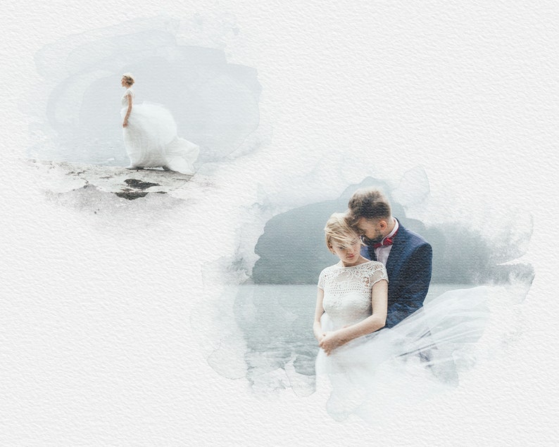 May include: A watercolor illustration of a couple in wedding attire. The bride is wearing a white dress with a veil blowing in the wind. The groom is wearing a dark suit with a red bow tie. They are standing on a beach with a lake in the background.