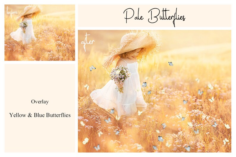 May include: A young girl in a white dress and a straw hat walks through a field of tall grass.  Pale blue and yellow butterflies are scattered throughout the image. The text "Pale Butterflies" is written in cursive at the top of the image.