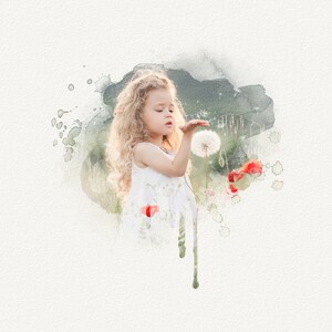 May include: A young girl with long, curly blonde hair blows on a dandelion in a field of wildflowers. The image is painted in a watercolor style with soft, muted colors.