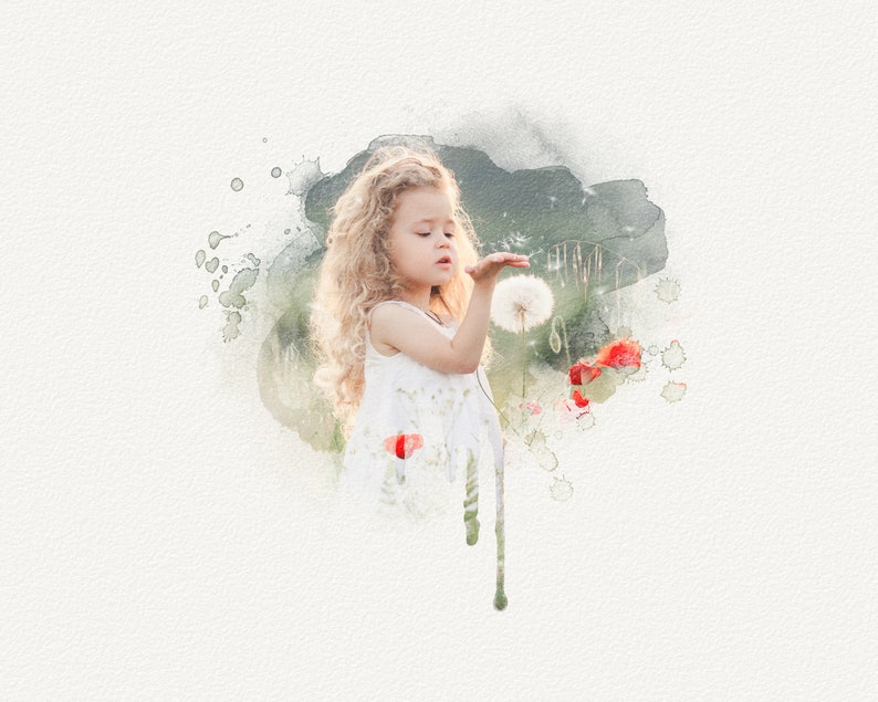 May include: A young girl with long, curly blonde hair blows on a dandelion in a field of wildflowers. The image is painted in a watercolor style with soft, muted colors.