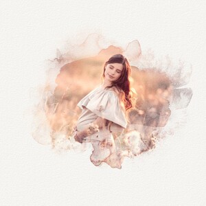 May include: A watercolor painting of a pregnant woman in a white dress standing in a field of tall grass. The woman is looking down at her belly and smiling.
