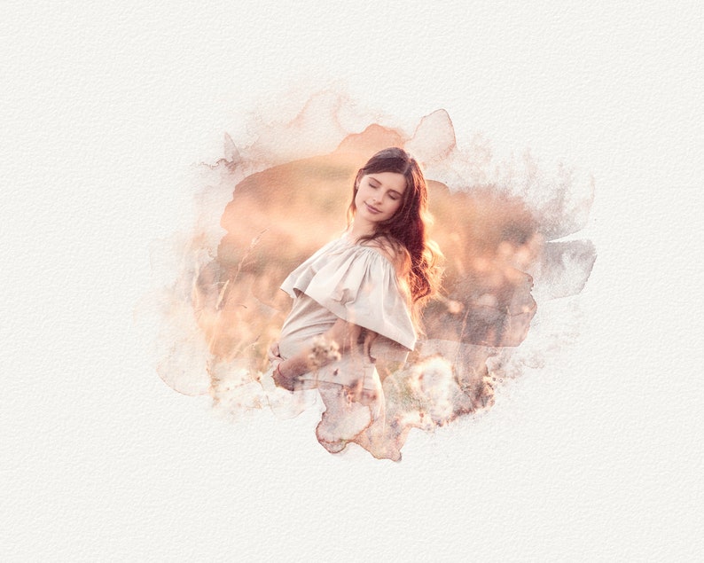 May include: A watercolor painting of a pregnant woman in a white dress standing in a field of tall grass. The woman is looking down at her belly and smiling.