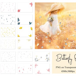 May include: A set of 16 digital overlays featuring various butterfly designs. The butterflies are scattered on a white background. The overlays are in PNG format and are 4500x3000 pixels at 300 dpi. The text "Butterfly Overlays" is displayed in a handwritten font. The text "PNG on Transparent Background 4500x3000px 300dpi" is also displayed.