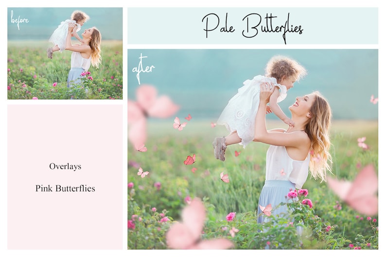 May include: A mother and daughter are playing in a field of flowers. The daughter is being held up in the air by the mother. There are pink butterflies flying around them. The text "Pale Butterflies" is written in cursive at the top of the image.
