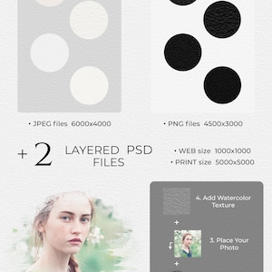 May include: Set of four watercolor backgrounds and four watercolor overlays. The backgrounds are white and the overlays are black. The set also includes two layered PSD files. The image shows how to use the backgrounds and overlays to create a watercolor effect.
