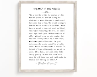 May include: A black and white printable quote by Theodore Roosevelt about the importance of action and perseverance. The quote reads, "It is not the critic who counts; not the man who points out how the strong man stumbles, or where the doer of deeds could have done them better. The credit belongs to the man who is actually in the arena, whose face is marred by dust and sweat and blood; who strives valiantly; who errs, who comes short again and again, because there is no effort without error and shortcoming; but who does actually strive to do the deeds; who knows great enthusiasms, the great devotions; who spends himself in a worthy cause; who at the best knows in the end the triumph of high achievement, and who at the worst, if he fails, at least fails while daring greatly, so that his place shall never be with those cold and timid souls who neither know victory nor defeat." - Theodore Roosevelt