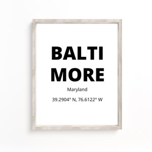 Baltimore Art, Baltimore Wall Art, City Art, Baltimore Wall Decor,Baltimore Print,Maryland Wall Art, Minimalist Art,coordinates of Baltimore