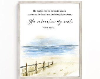 Psalm 23 Scripture Print: Beach Scene Christian Wall Art (Digital Download)