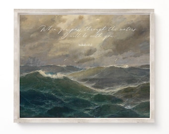 Isaia 43:2 Stampa della Scrittura, Paesaggio marino d'epoca (download digitale)