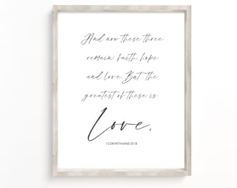 Cita bíblica de 1 Corintios 13, versículos bíblicos, decoración de habitación, versículos de amor, arte de pared, imprimibles para bodas
