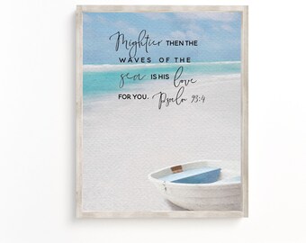 Mightier than the waves of the sea wall art, Proverbs 18:10, Beach House Sign Decor Bible Verse Wall Art,Scripture Wall Art,Bible Printable