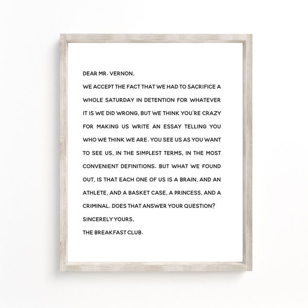 The Breakfast Club Movie Quote, Letter to Mr. Vernon, Breakfast Club Gift, The Breakfast Club Final Essay Print, Breakfast Club Quote