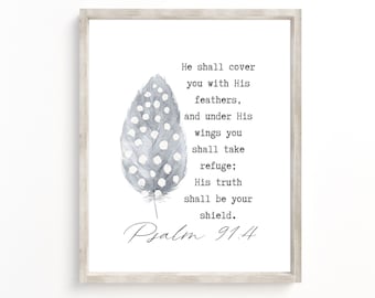 Er wird dich mit seinen Federn bedecken Psalm 91: 4 Bibel Vers Druck Feder Wand Kunst Christliches Geschenk Schrift Druck Moderne Schrift druckbar