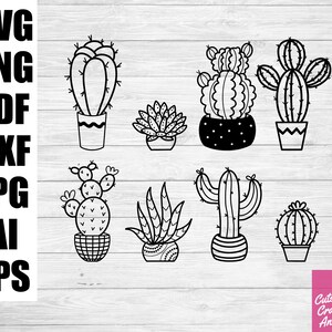 Desenho de linha de cacto svg, cacto svg, clipart de cacto, cacto fofo, pacote de cacto, planta svg, flores svg, arquivos svg cricut, cactos de flores svg